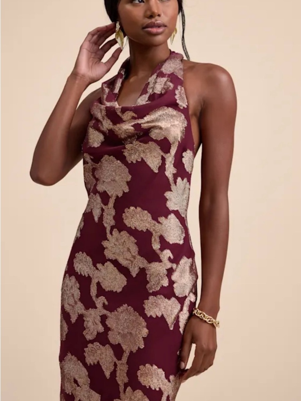Lulus Zafira Burgundy And Gold Burnout Cowl Halter Maxi Dress Red - Size L - Picture 4 of 7